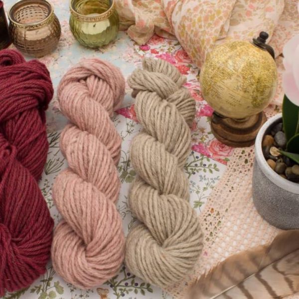 Trois pelotes de laine, en rouge, rose et beige, entourées d'objets décoratifs sur un fond fleuri.