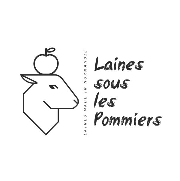 Logo de "Laines sous les Pommiers", entreprise de laine durable avec un mouton et une pomme.