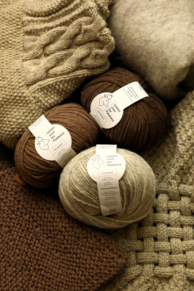 Yarns from "Laines sous les Pommiers" arranged with knitted items, showcasing sustainable sheep wool products.