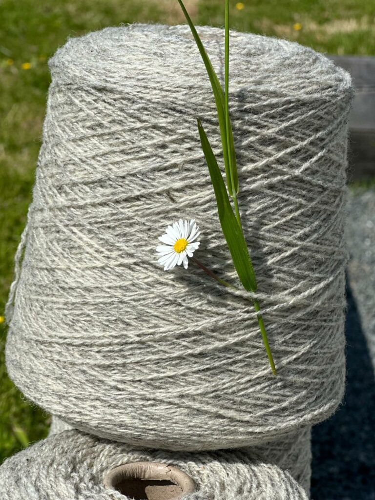 Bobines de laine naturelle avec une marguerite et une brin d'herbe, symbolisant la durabilité et l'engagement environnemental.