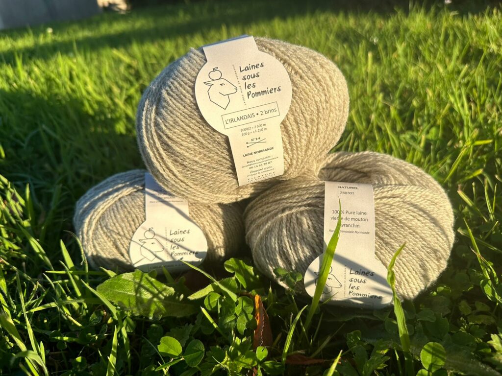 Pelotes de laine naturelle de l'entreprise Laines sous les Pommiers, posées sur l'herbe. Durabilité et respect de l'environnement.