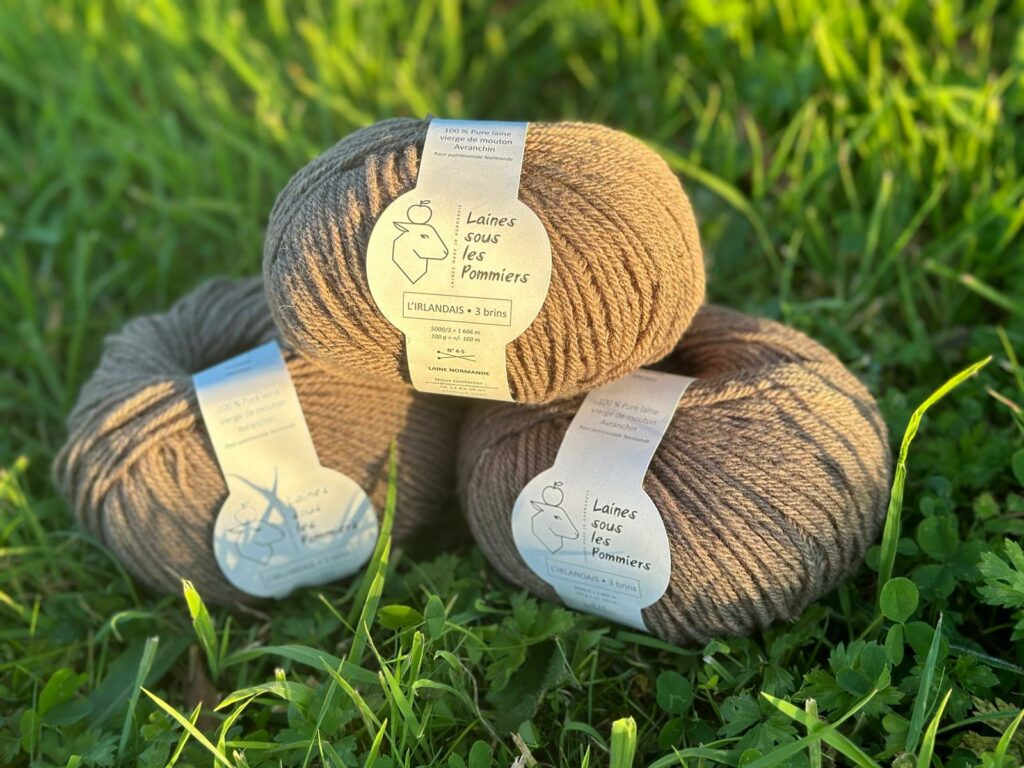 Pelotes de laine de mouton de l'entreprise "Laines sous les Pommiers" sur un fond d'herbe verte, soulignant la durabilité.