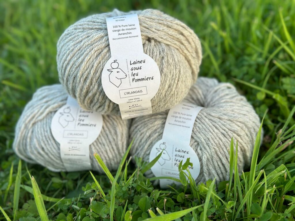 Pelotes de laine 100% vierge de mouton, avec étiquettes de l'entreprise Laines sous les Pommiers, posées sur l'herbe.