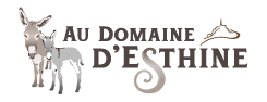 Logo de l'entreprise "Au Domaine d'Esthine" avec ânes illustrés, symbolisant l'authenticité et la durabilité.