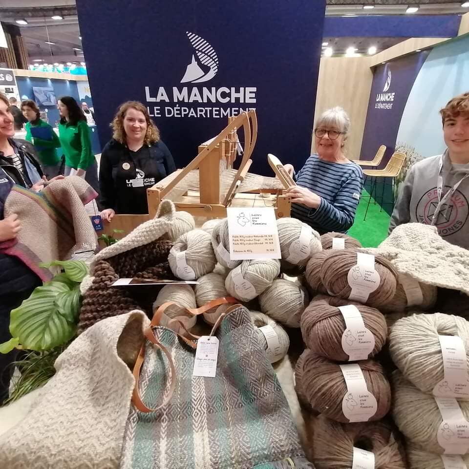 Stand de Laines sous les Pommiers présentant des pelotes de laine et des créations textiles durables, avec des visiteurs engagés.