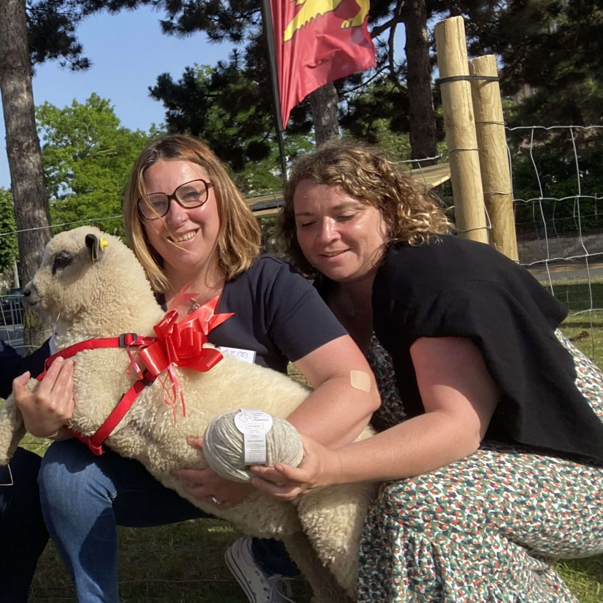 Deux femmes souriantes tiennent un mouton avec un ruban rouge et une pelote de laine, dans un cadre naturel.