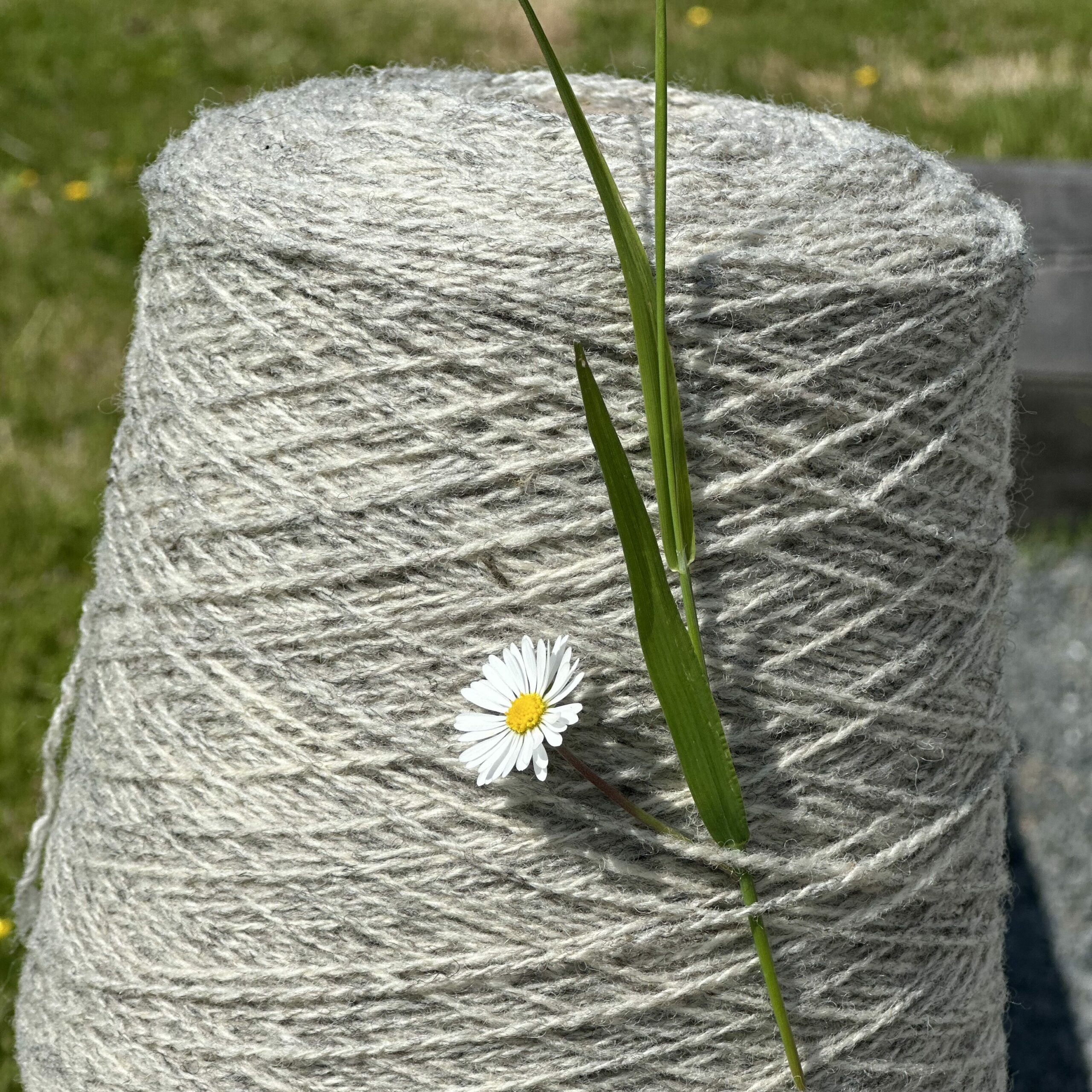 Pelotes de laine naturelle décorées d'une fleur, symbolisant la durabilité et l'artisanat de l'entreprise Laines sous les Pommiers.