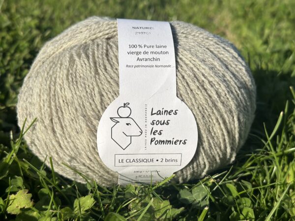 Pelote de 100% pure laine vierge de mouton Avranchin, label "Laines sous les Pommiers", sur un fond de grass.