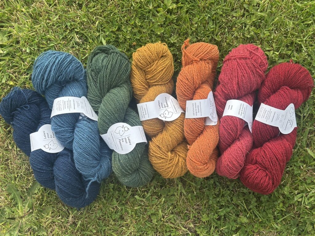 Pelotes de laine colorées, teintes végétales, de la marque "Laines sous les Pommiers", sur un fond d'herbe.